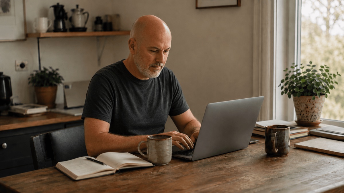 Freelancer working at a clean desk with laptop