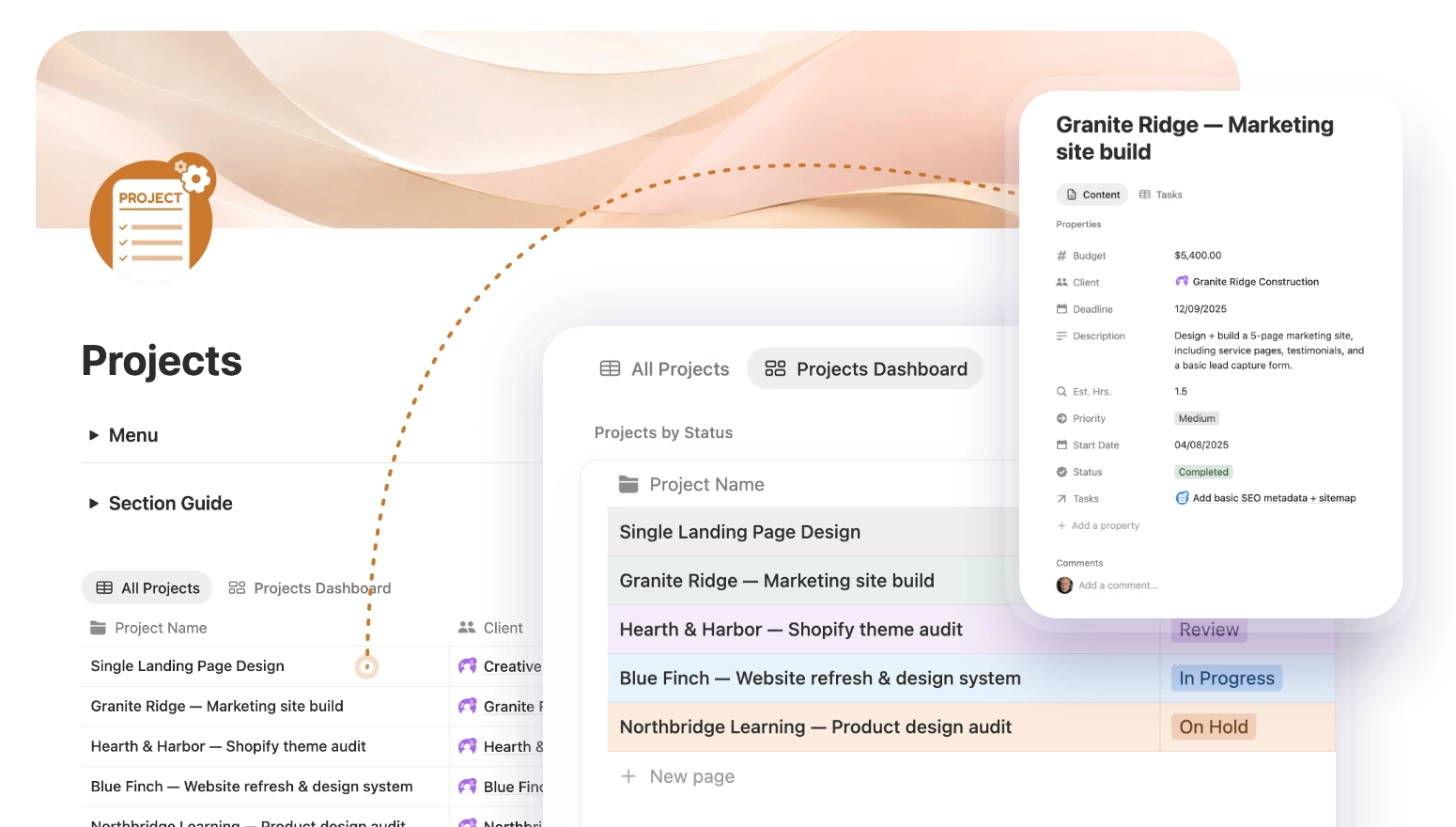Solo HQ Projects section showing active projects with deadlines and budgets